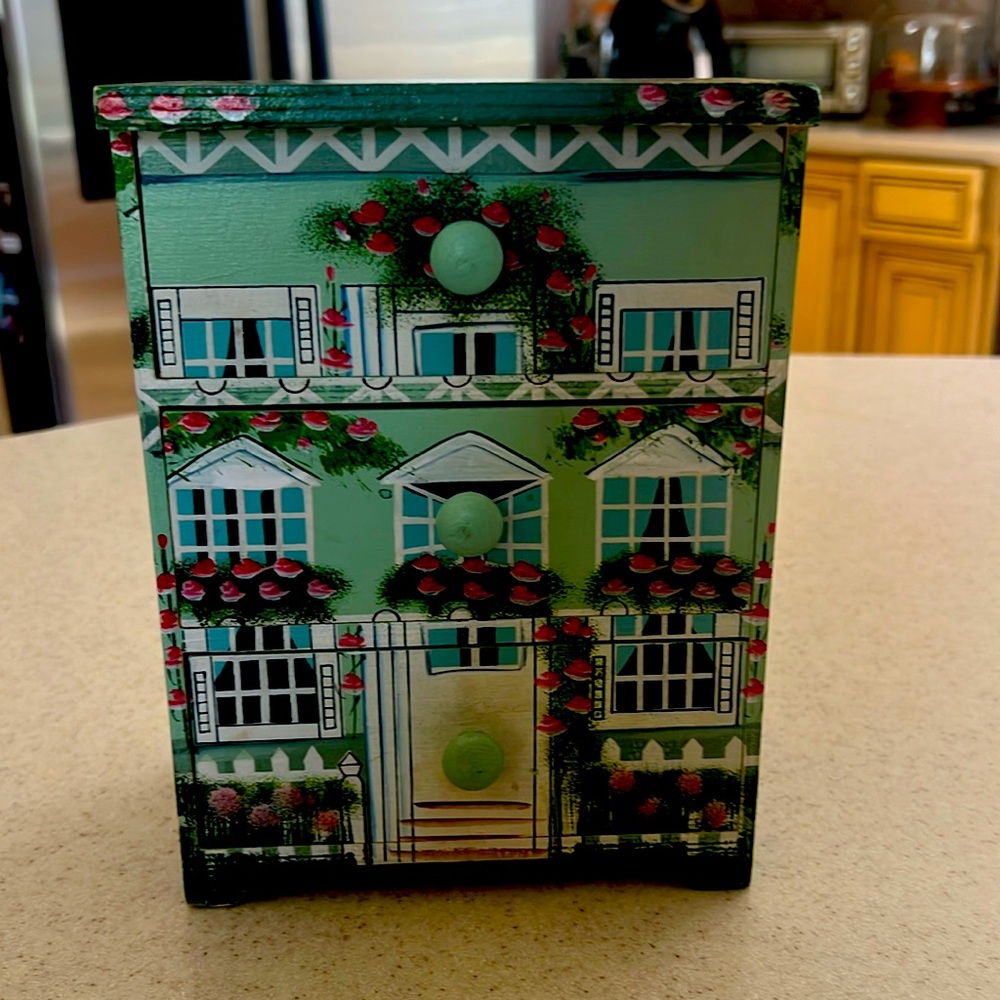 Vintage 3 Drawer Box Hand Painted Floral Design Jewelry Box